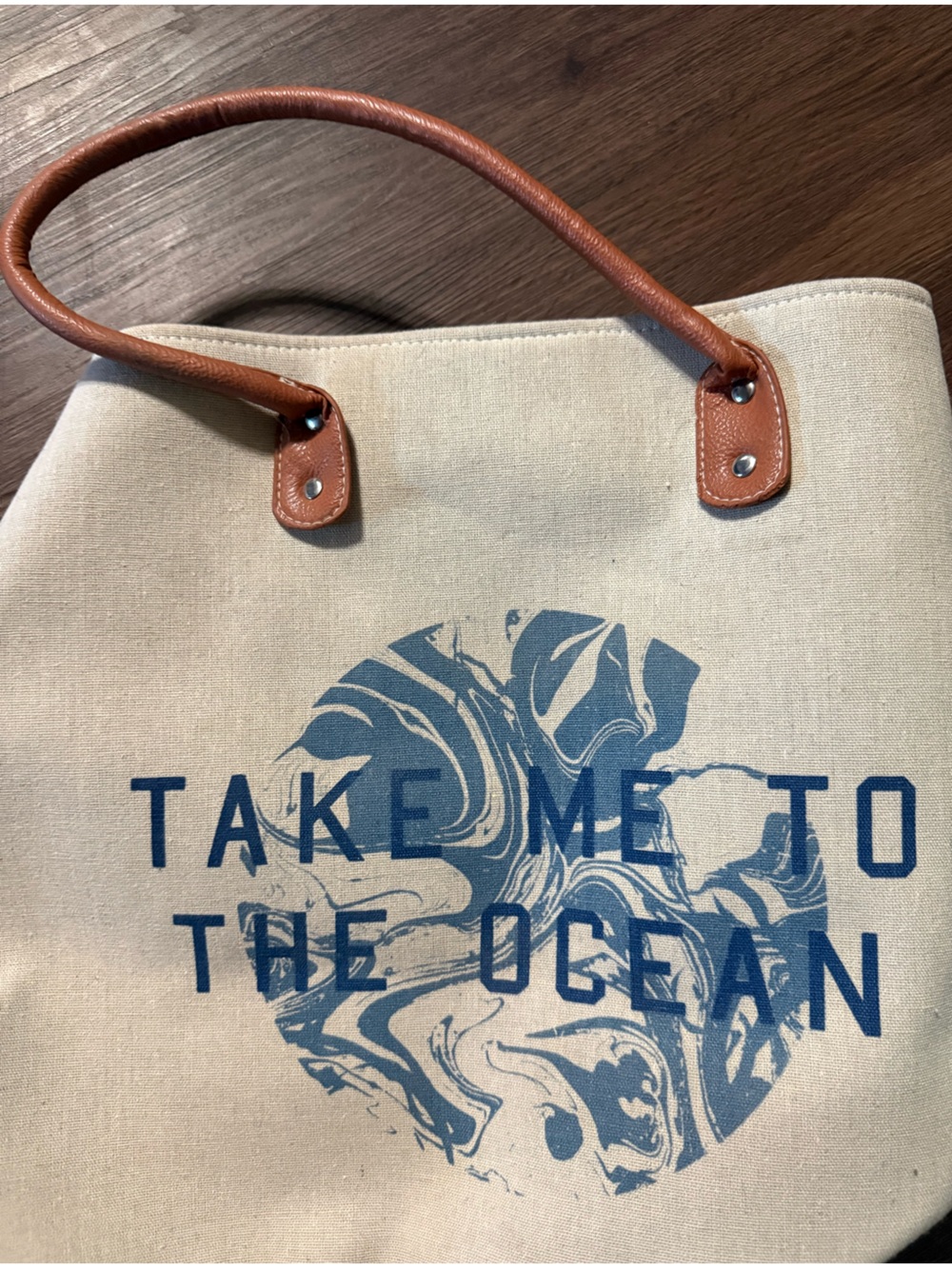 Canvas Tote with Navy Botanical Print and Brown Leather Handles